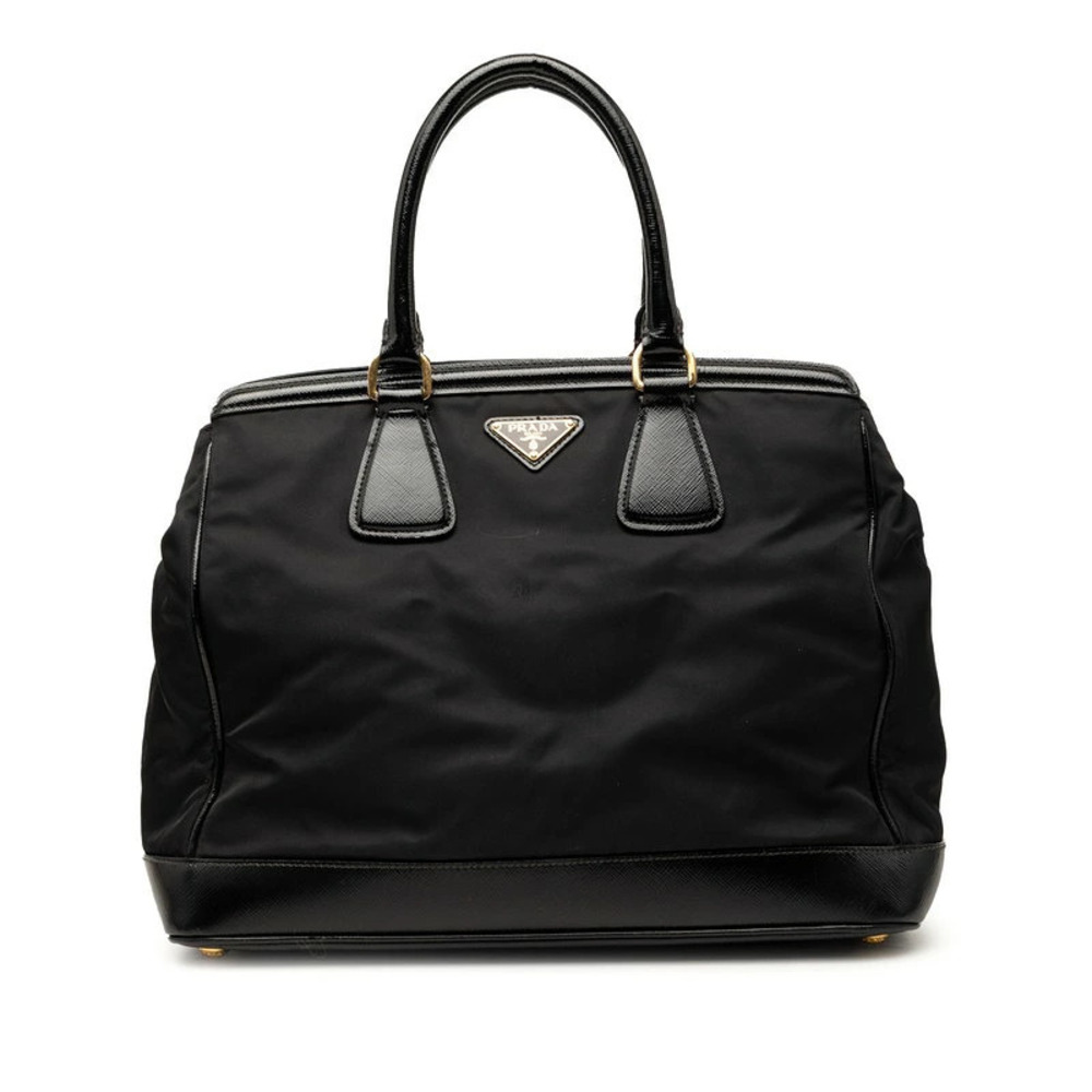 Prada Saffiano Triangle Plate Handbag Black Leather